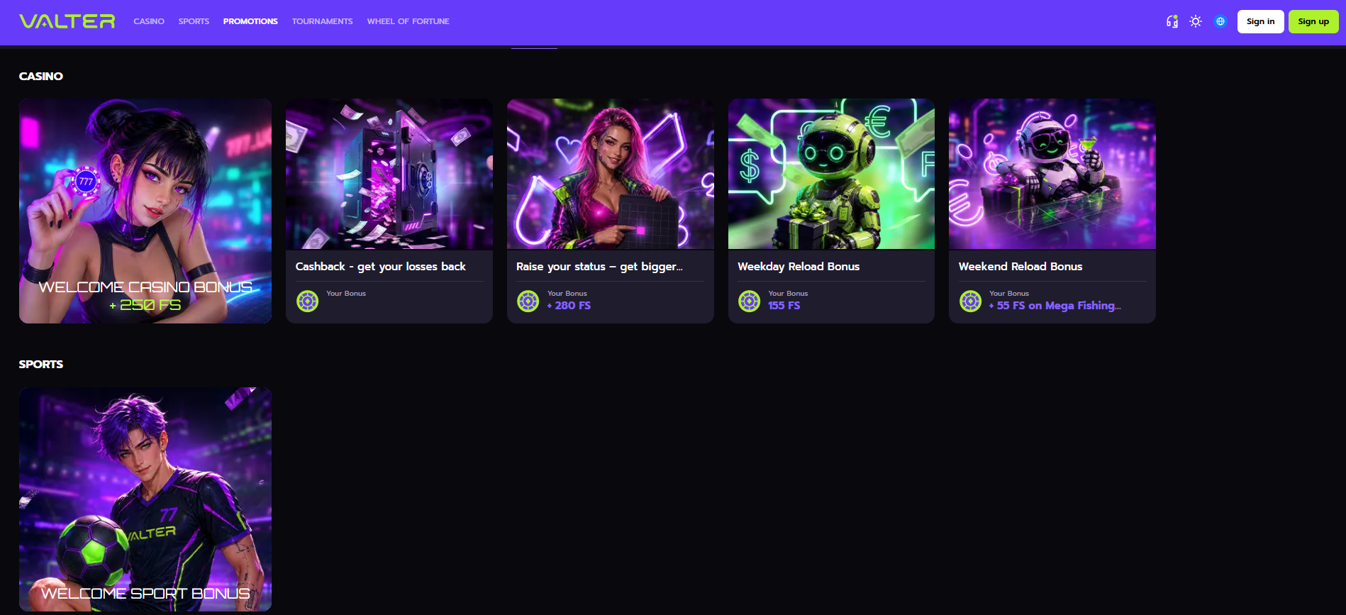 Valter Casino bonuses and games